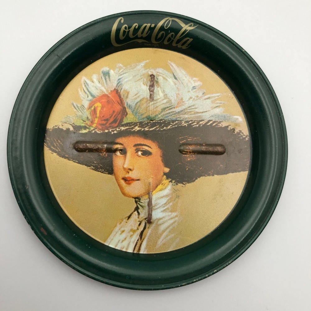 Vintage 1983 Coca Cola Metal Coaster Hamilton King Hat Girl Tin Nostalgic Soda